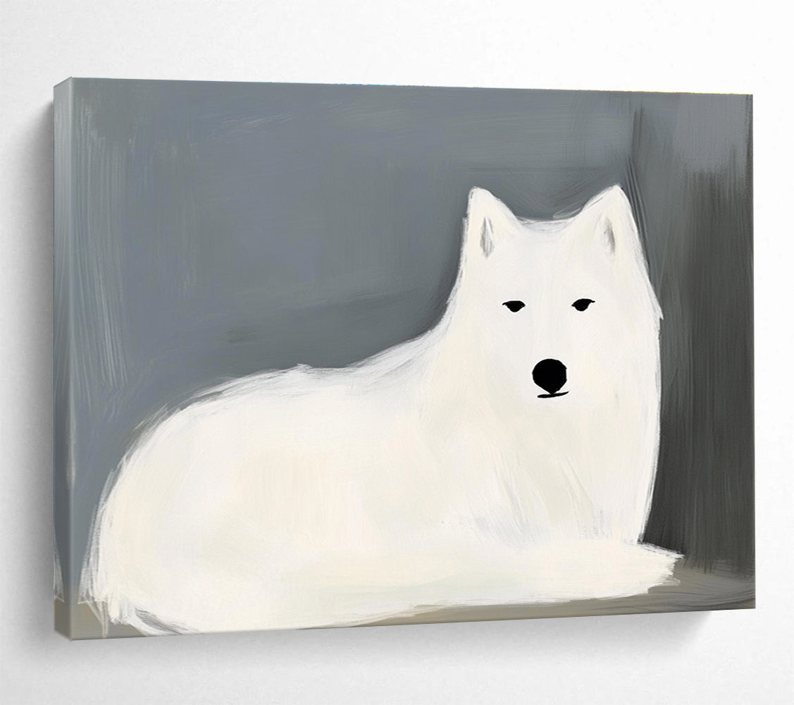 Abstract painting of a white wolf by Maud Lewis featuring simple lines and advanced color matching on a dark gray and light blue background.SC572