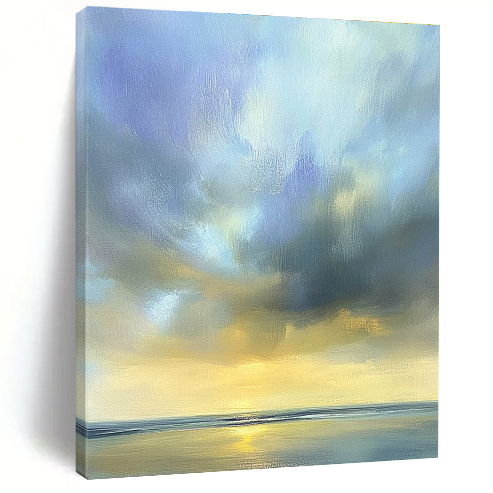 Large abstract oil painting of the sky featuring muted blue light gray and soft clouds over an ocean horizon in beautiful serene colors.STSC201