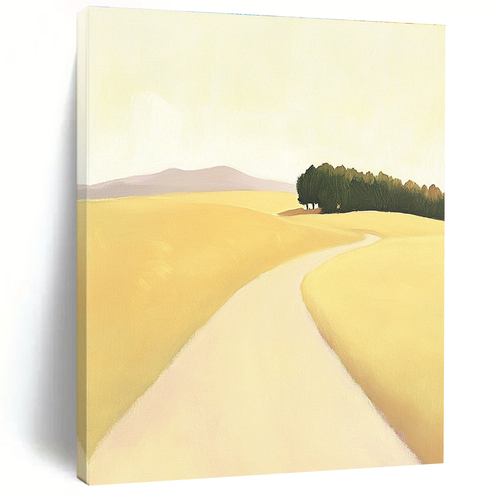 A large abstract painting depicting a minimalist road in an open field with hills and trees in soft yellow beige and green tones.STSC1167