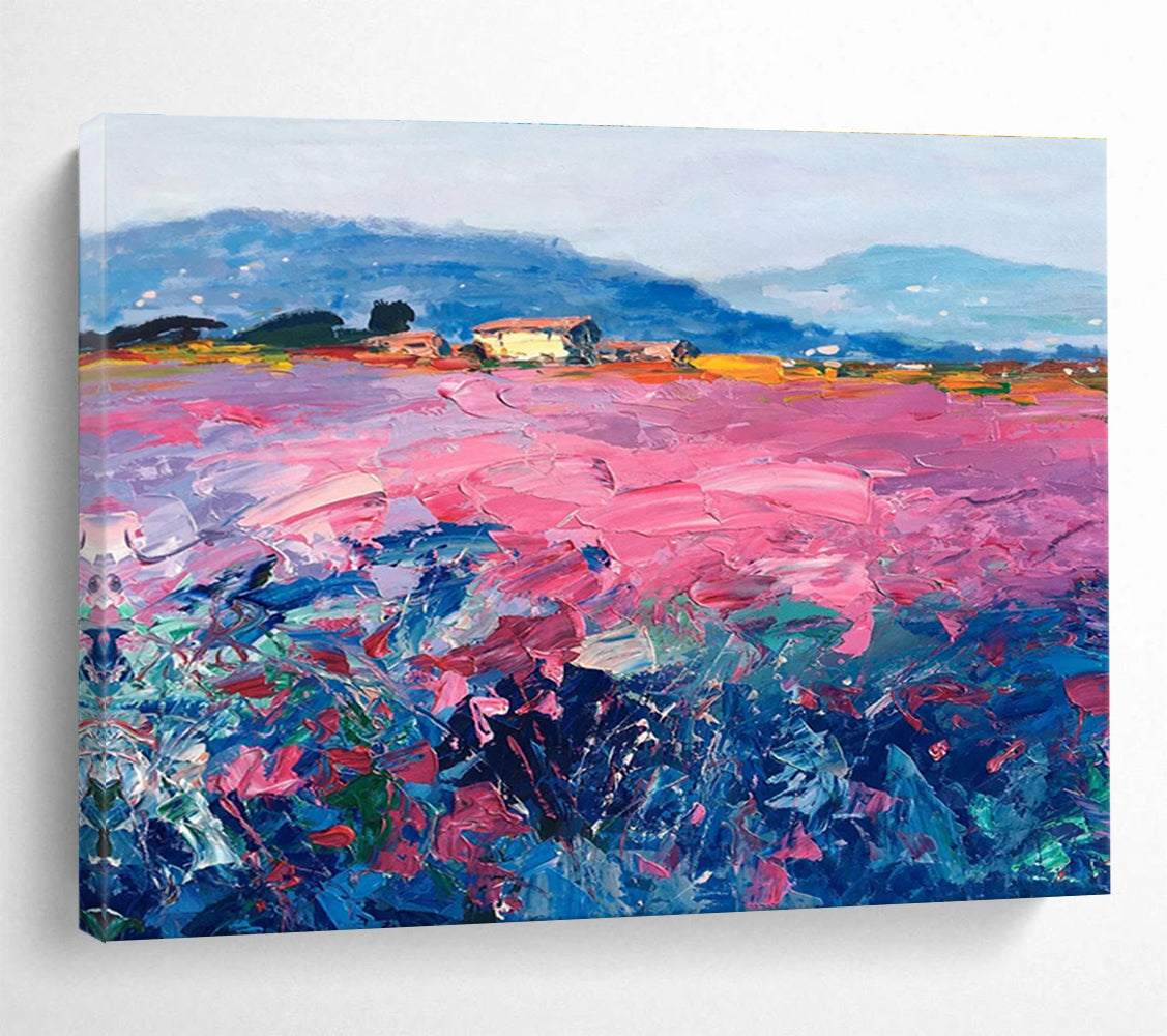 Pink Field with Houses Abstract Painting THY450