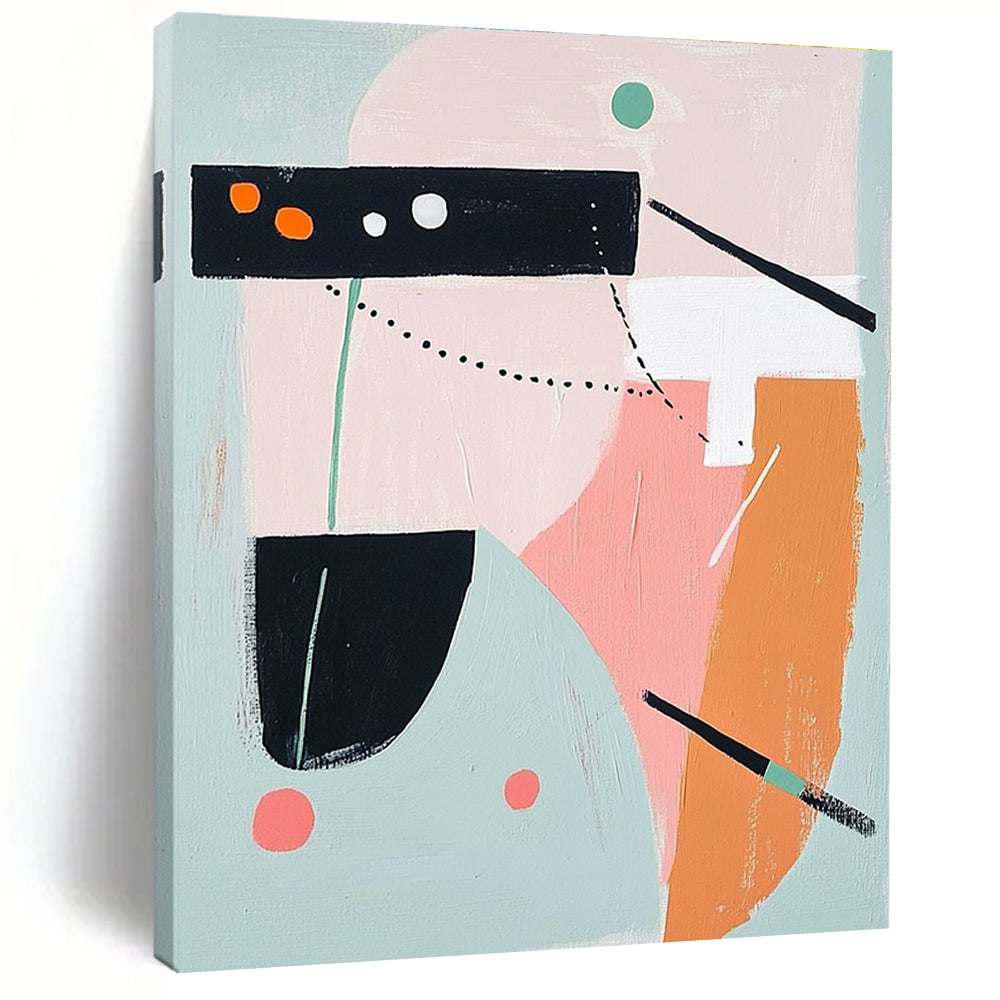 Abstract painting featuring bold shapes and lines in pink grey orange teal green and black and white evoking airplane elements with thick brush strokes.STSC691