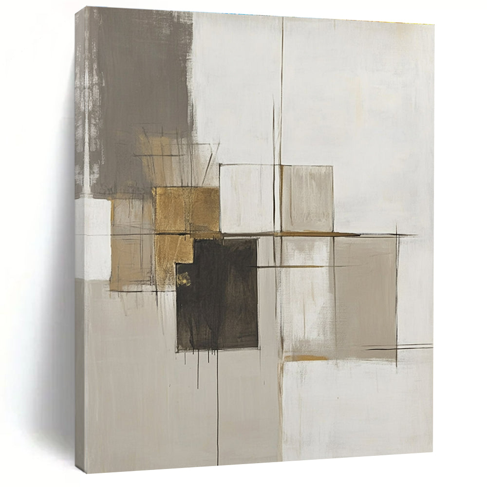 Large abstract painting featuring neutral tones, thick brush strokes, a central abstract structure, and gold accents on a minimalist canvas.STSC778