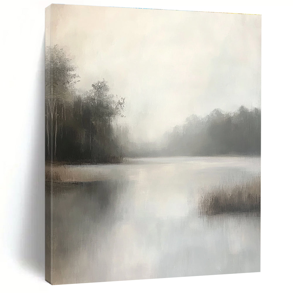 Large abstract painting capturing a misty bayou with muted grey and white tones featuring soft brushstrokes and detailed foliage in a minimalist style.STSC1100