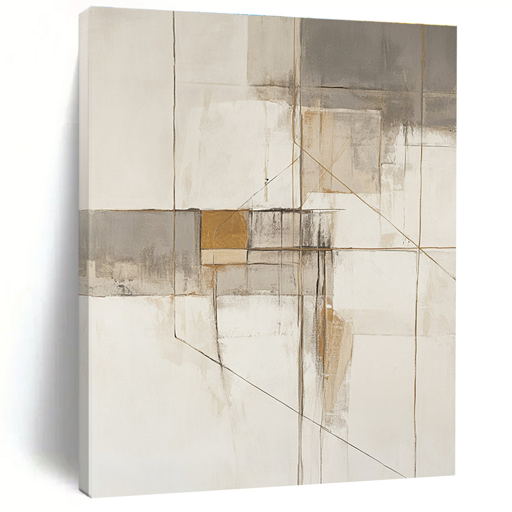 Large abstract painting in neutral tones with gold accents showcasing architectural themes through geometric shapes and lines.STSC620