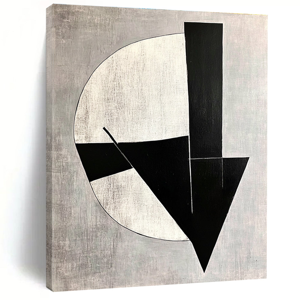Large abstract painting with black and white shapes on a gray background featuring modernist simplicity and deconstructed minimalism with subtle tonal values.STSC1112