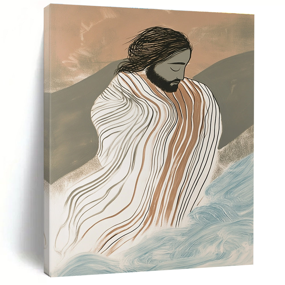 Large abstract painting featuring Jesus in striped robes surrounded by waves with an ink drawing effect and a misty atmosphere in a vibrant color palette.STSC1131