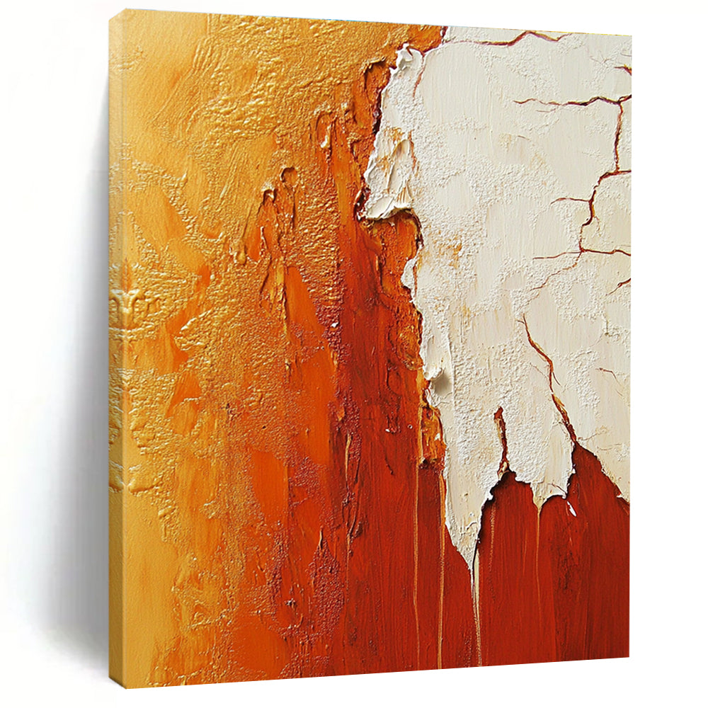 Large abstract painting featuring a red rock canyon in vibrant orange and white hues, showcasing intricate details and texture.STSC490