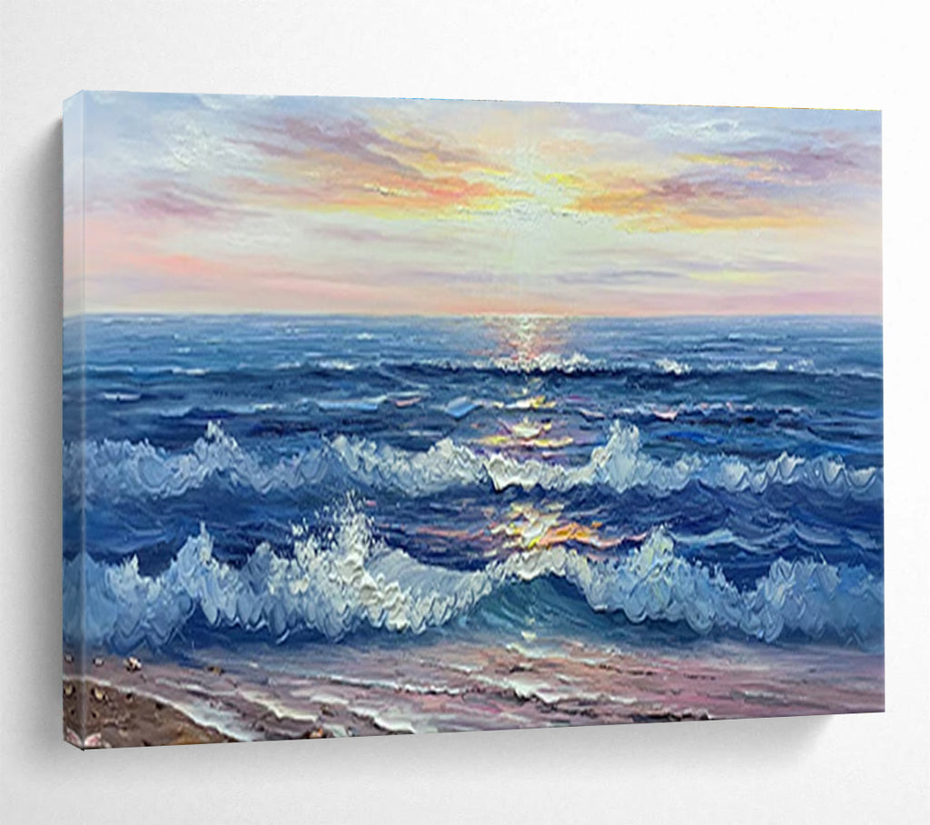 Sunset Sea Abstract Painting with Blue, Orange, and Pink Tones THY218
