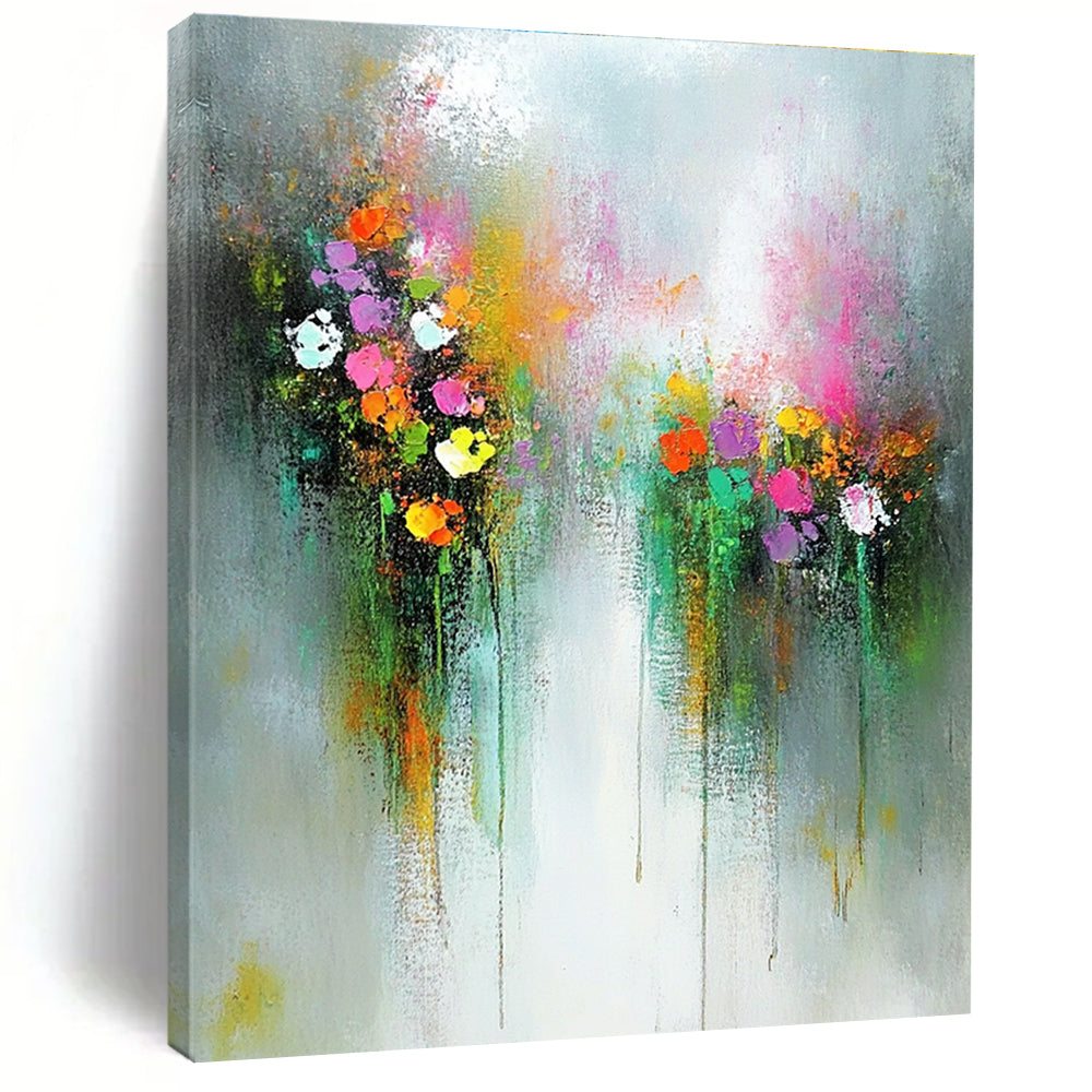 Large abstract oil painting of ethereal flowers in an enchanted garden featuring muted pastel colors on a white background.STSC182