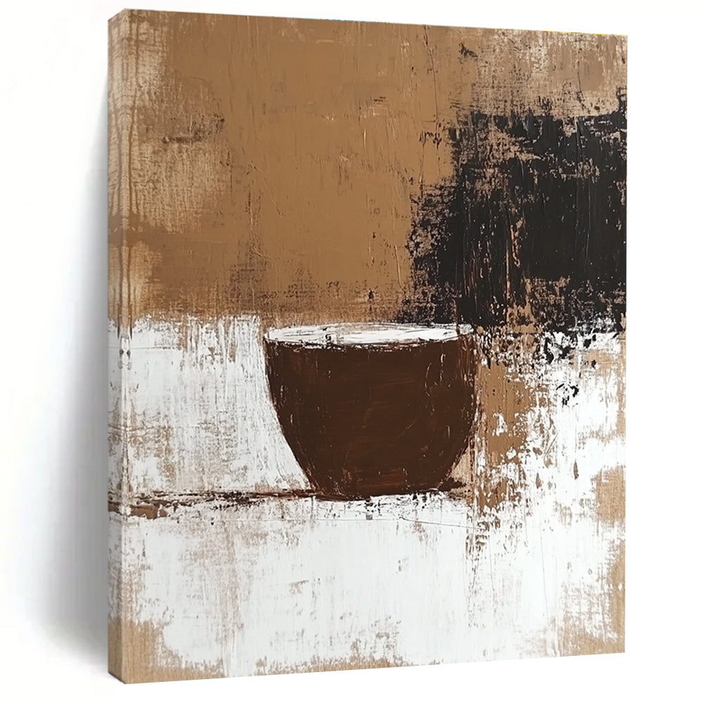 Large abstract painting featuring coffee stains and neutral tones with a textured surface and a beige background inspired by Chicano art.STSC928