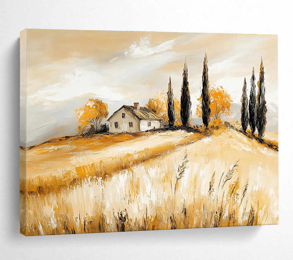 Yellow - Toned Rural Landscape Abstract Painting with a House DYP134