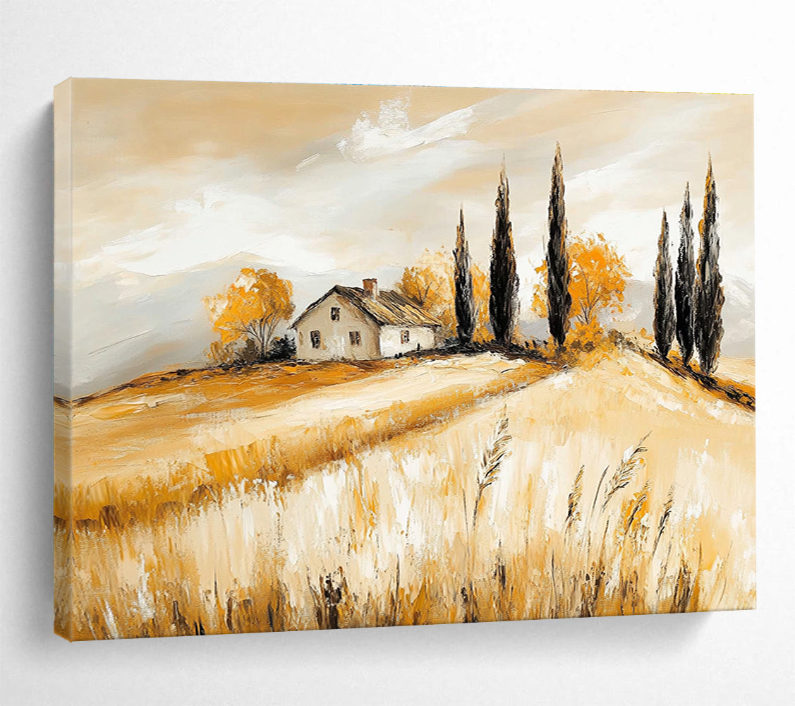 Yellow - Toned Rural Landscape Abstract Painting with a House DYP134