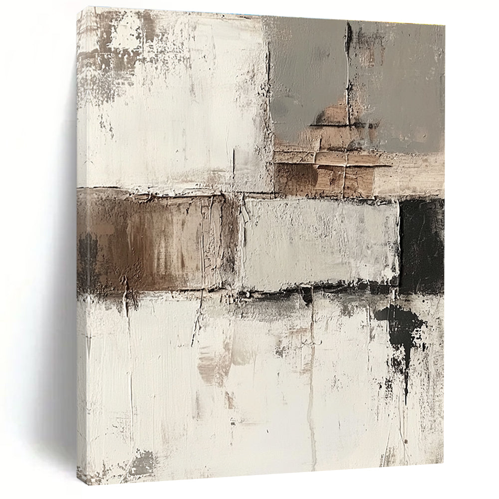 Abstract painting featuring impasto techniques with muted neutral tones and faded architectural elements on a soft grunge background.STSC424