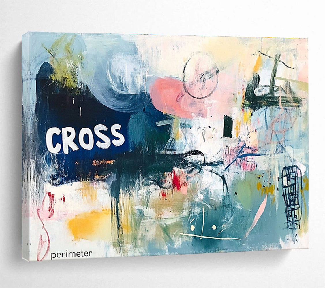 A large abstract painting featuring chaotic harmony in soft pinks blues and greens with textured layers and the text CROSS perimeter.SC307