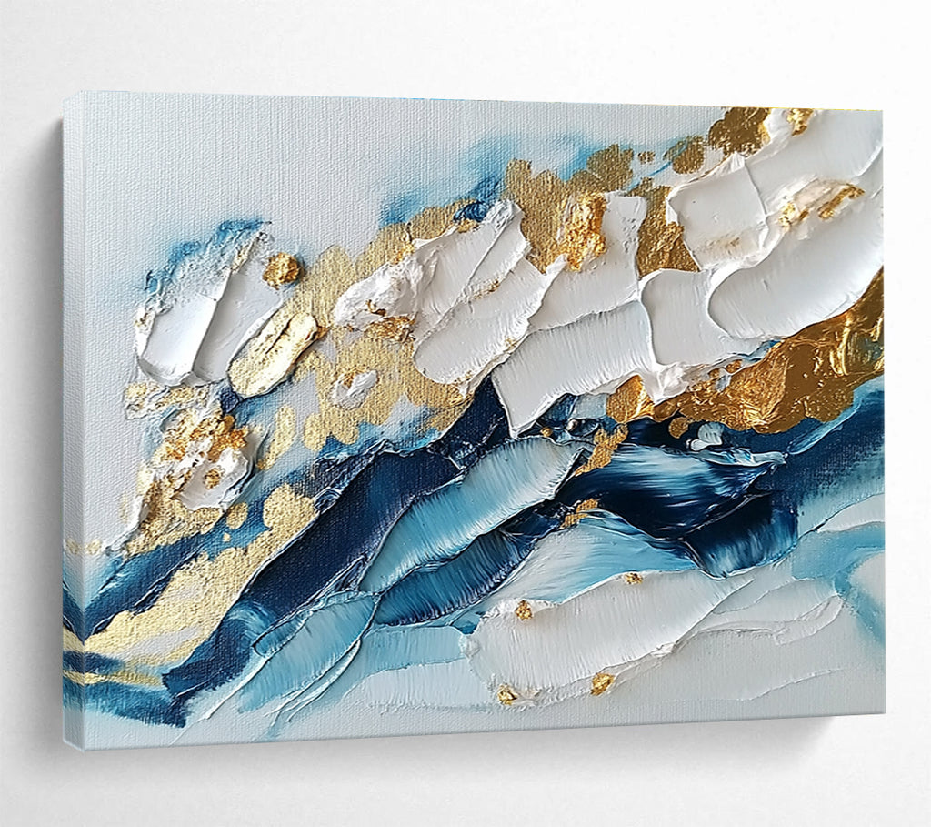 Blue White Gold Textured Abstract Painting with Thick Brushstrokes DYP260