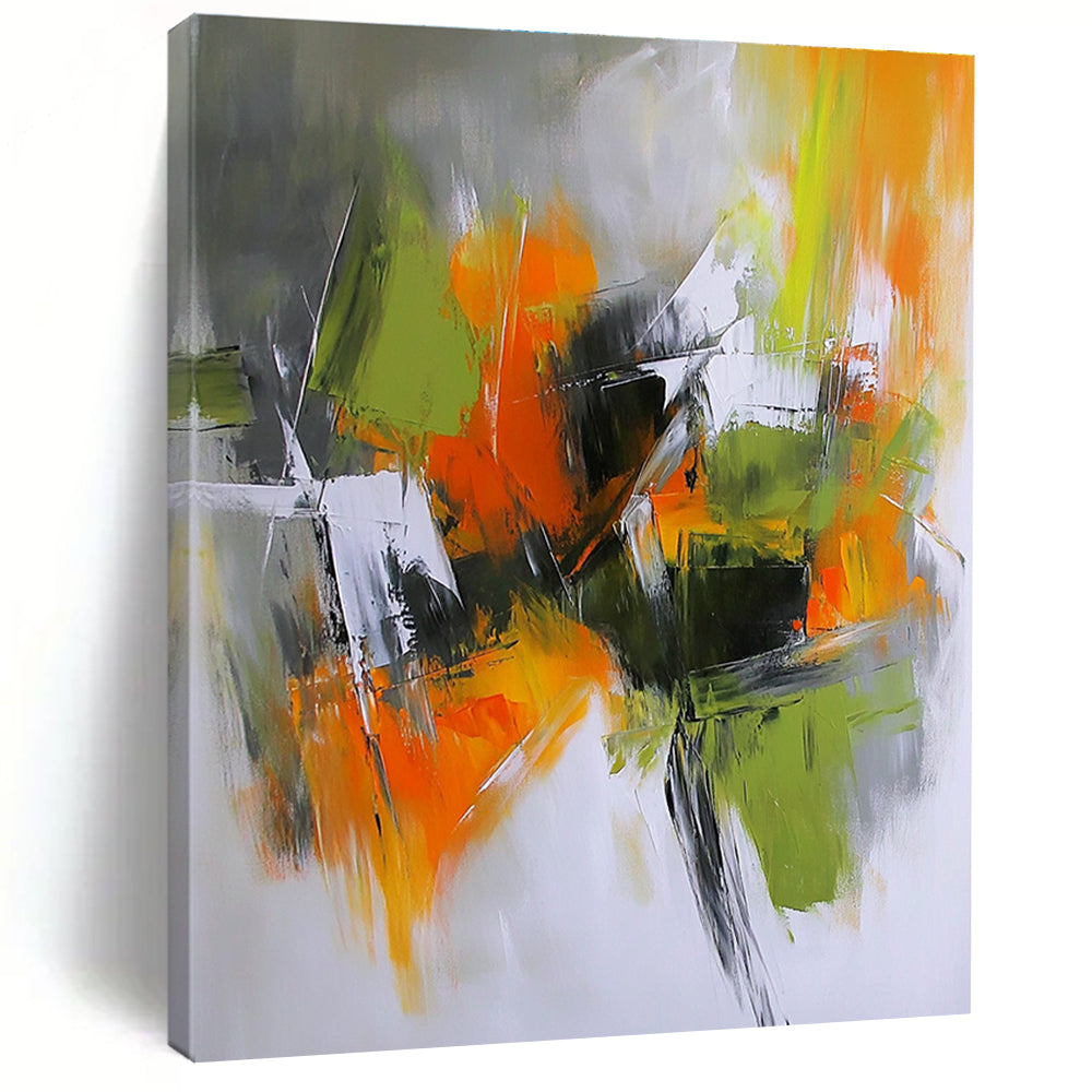 Large abstract painting in light gray dark orange and olive green capturing an autumn urban garden with dramatic shadows and energetic brush strokes.STSC769
