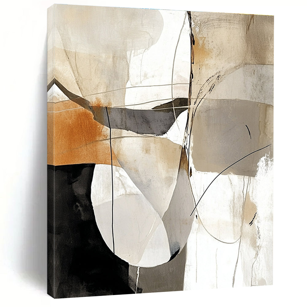 Large abstract painting featuring white black gray and beige lines with brown and light orange accents on a clean white background.STSC438