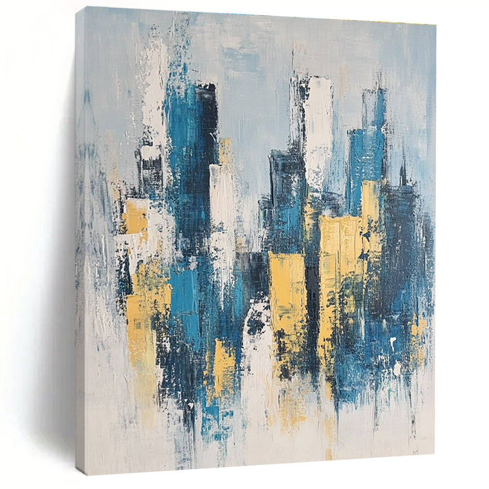 Large abstract painting featuring a modern cityscape in neutral blue and gray tones with yellow accents inspired by impressionist style.STSC1358