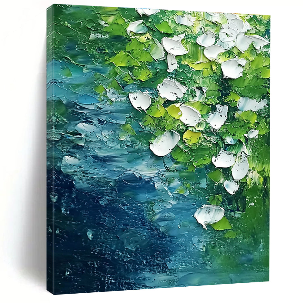 Abstract painting featuring white flowers and flowing water in vibrant green and blue tones capturing the essence of springtime on the riverbank.STSC1477