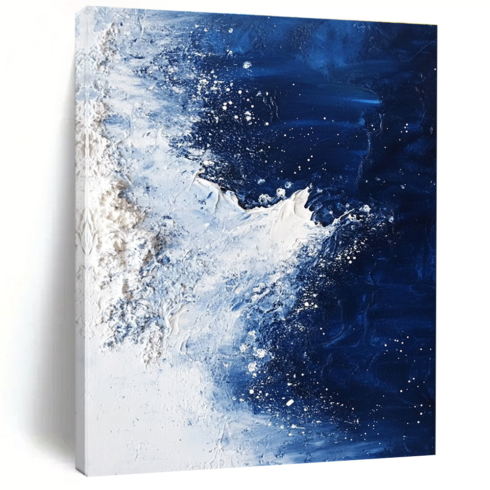Large abstract painting depicting the North Pole with deep blue water ice and dynamic white brush strokes.STSC341