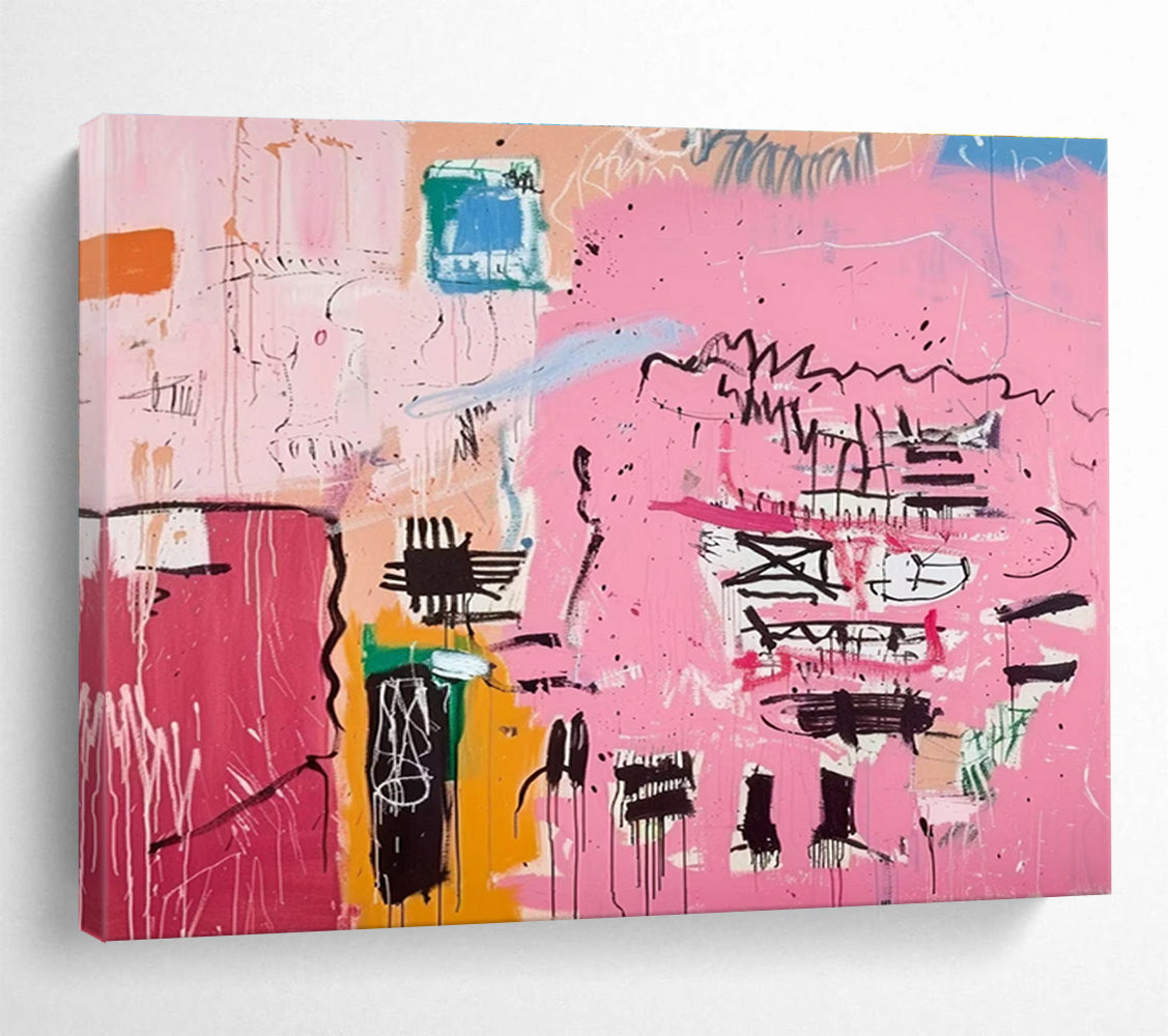 Pink Abstract Graffiti Painting with Pink, Black, and Colorful Doodles THY198