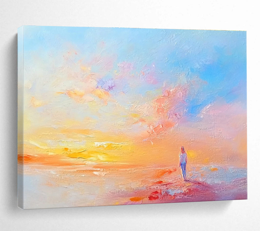 Large abstract painting featuring serene pastel colors soft brushstrokes and tranquil landscapes evoking a peaceful atmosphere at dawn.SC281