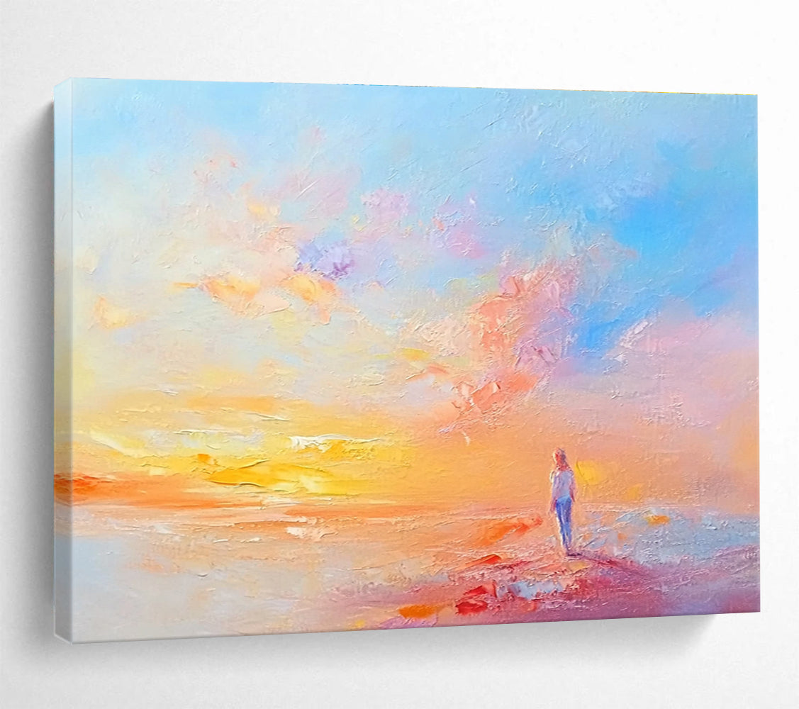 Large abstract painting featuring serene pastel colors soft brushstrokes and tranquil landscapes evoking a peaceful atmosphere at dawn.SC281