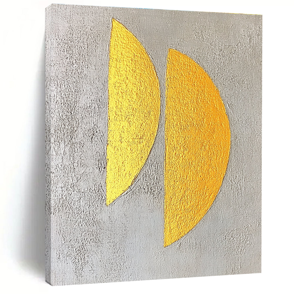 Large abstract painting featuring two yellow semicircles on a textured grey background with gold leaf highlights in a minimalist style.STSC356
