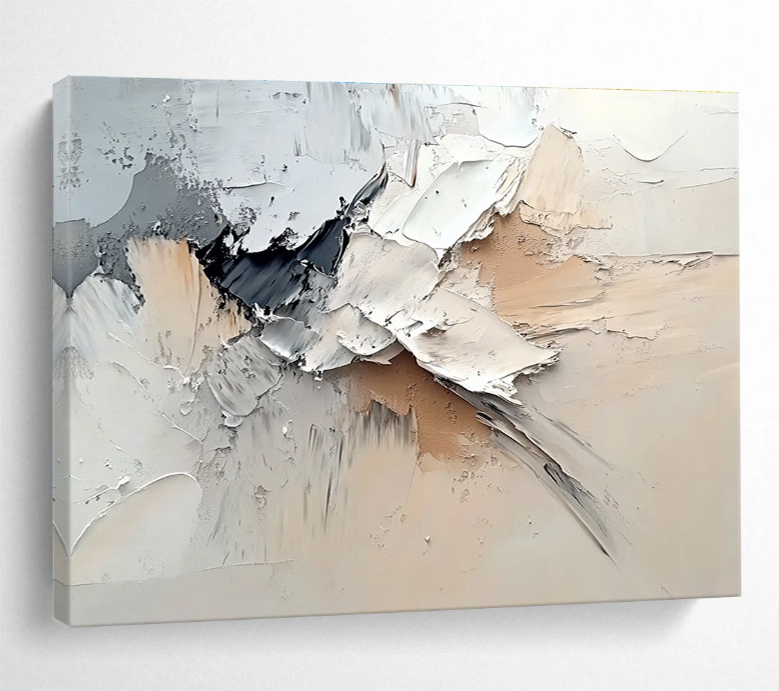 Large abstract painting featuring dynamic white, gray, and beige swirls in a neutral color palette reminiscent of Zao Wou-Ki.SC135