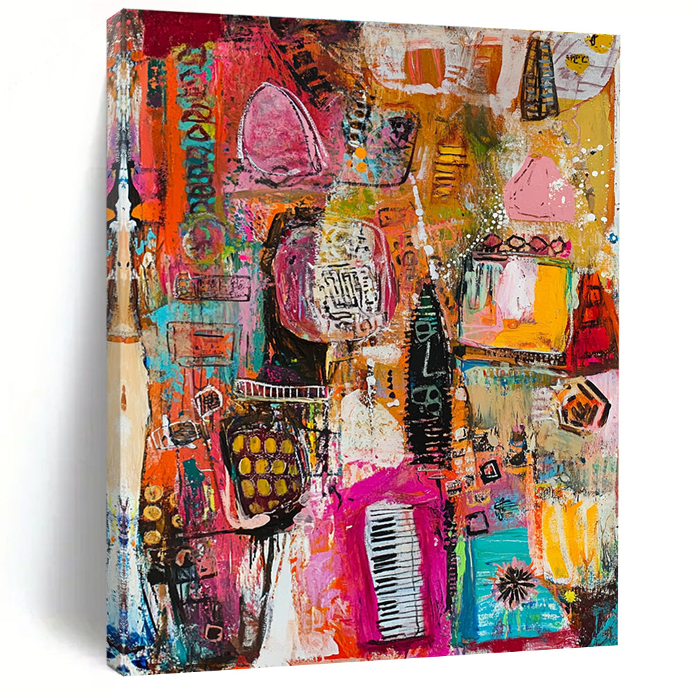 Large abstract painting featuring vibrant colors and dynamic shapes, showcasing lively patterns with diverse objects like books, instruments, and animals.STSC821