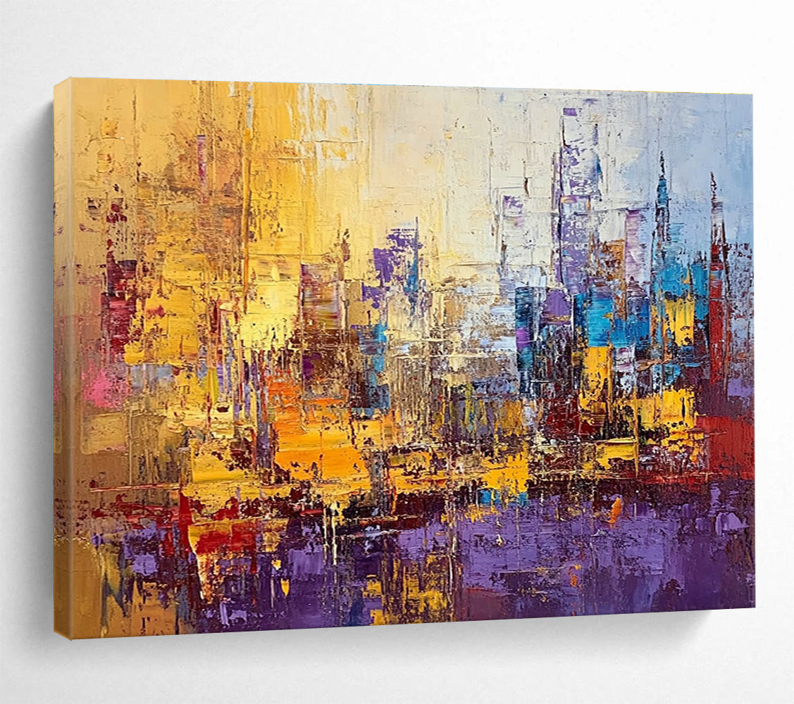 Large abstract painting of a vibrant cityscape in textured gold blue purple and red with impasto strokes and palette knife techniques.SC355