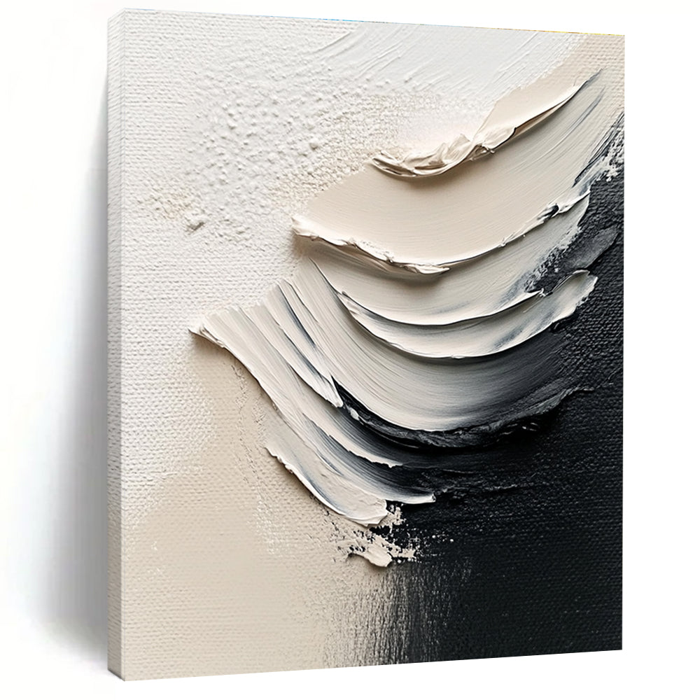 Large abstract painting featuring white paint and black brushstrokes in a minimalist style with delicate details and high-definition photography.STSC1485