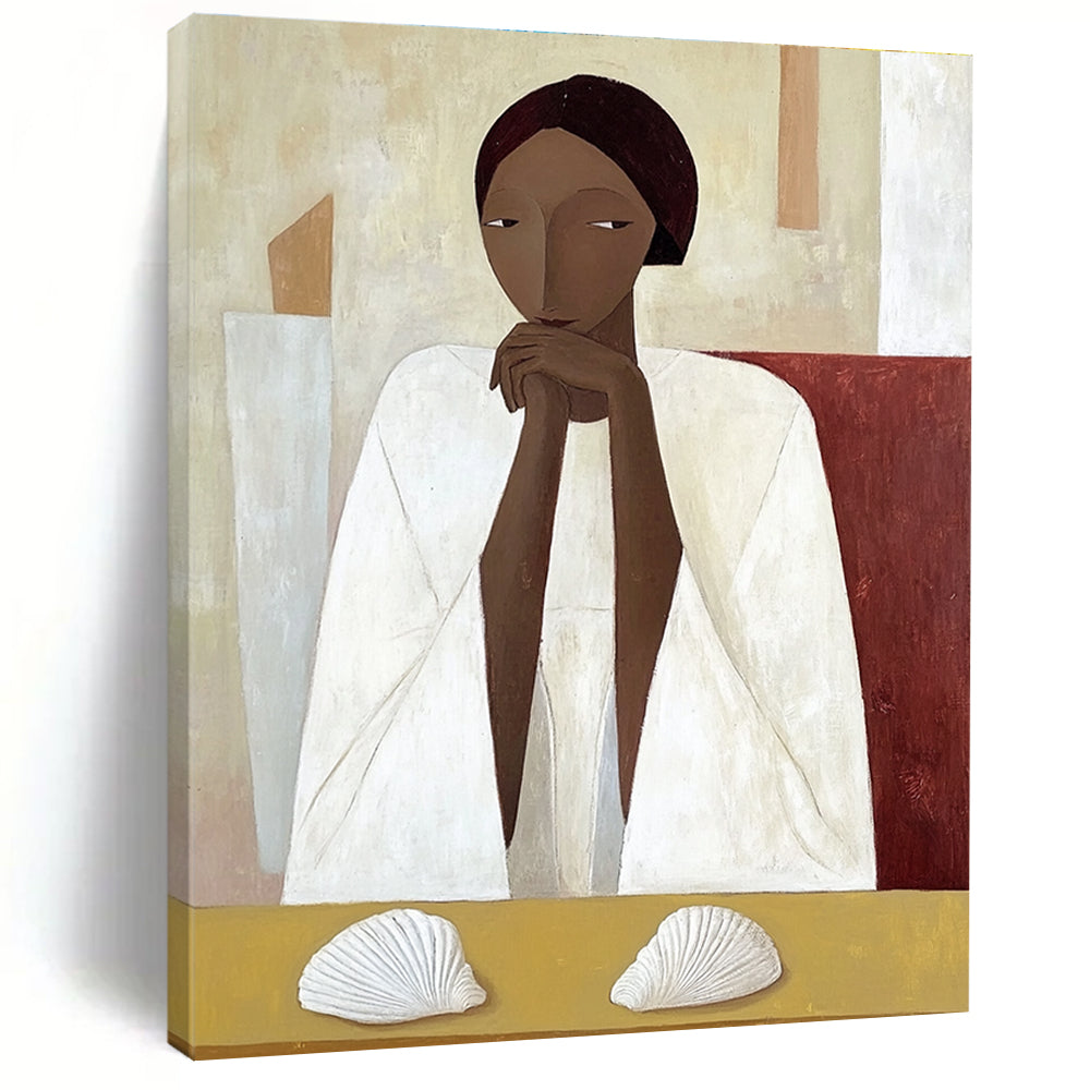 A large abstract painting featuring an African woman in a white cloak sitting on a yellow table with shells in daylight.STSC1115