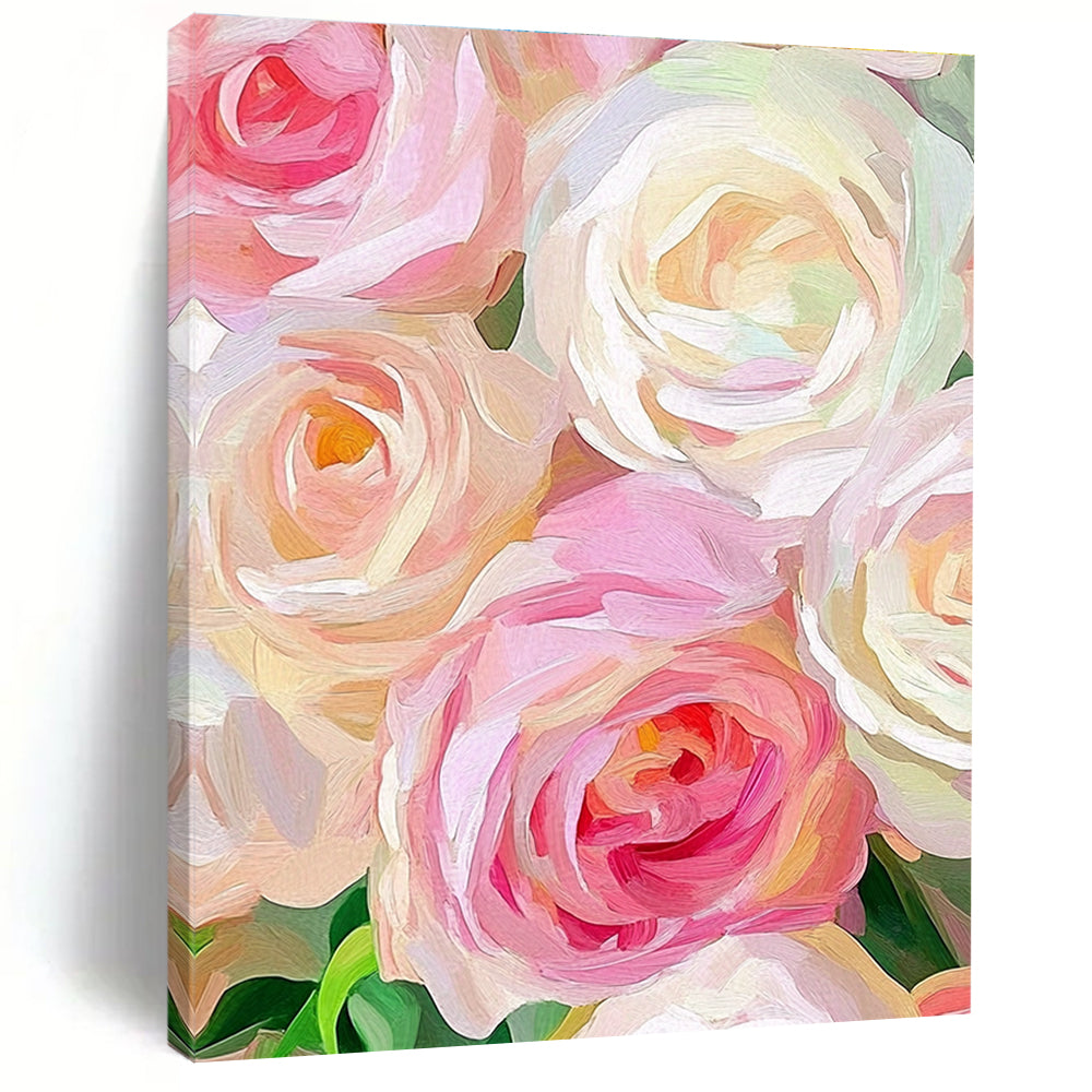 A large abstract painting featuring soft pink and cream roses with loose brushstrokes and a blurred background highlights the flowers' vibrant texture.STSC944