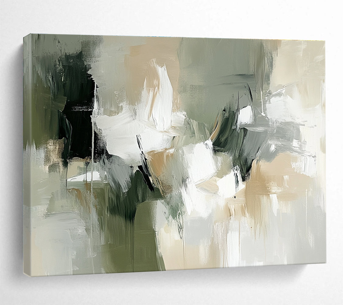 Large abstract painting in white, beige, and green with organic brush strokes and shapes, evoking a naturalistic style.SC219