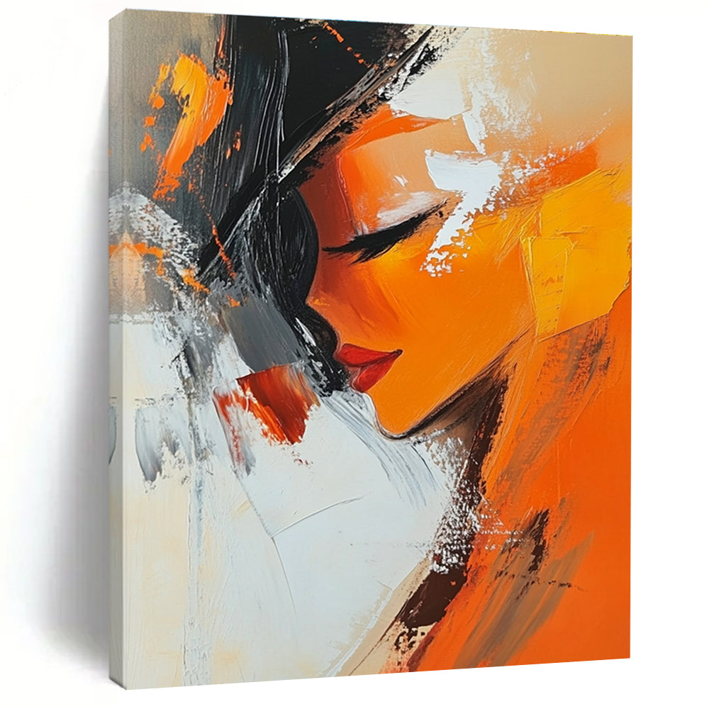 Large abstract oil painting featuring an orange woman infused with expressive brushstrokes in white beige black grey and brown tones.STSC151