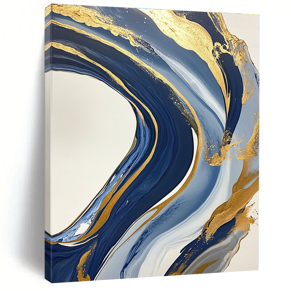 Large abstract blue and gold painting featuring marbling on a white background with swirling gold lines and fluid shapes creating luxurious textures.STSC032