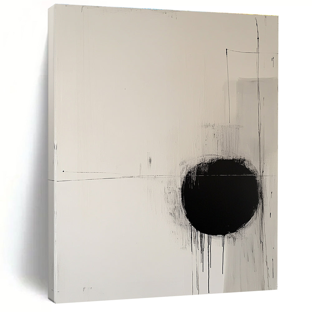 Large abstract painting featuring a round black circle on off-white canvas surrounded by delicate lines evoking movement and tranquility.STSC1067