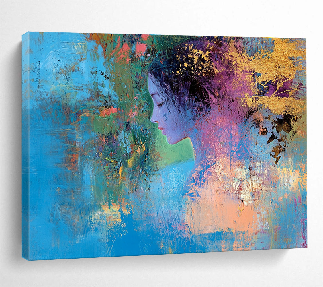 Large abstract painting depicting a female figure intertwining with nature's vibrant colors symbolizing growth through self-improvementSC429