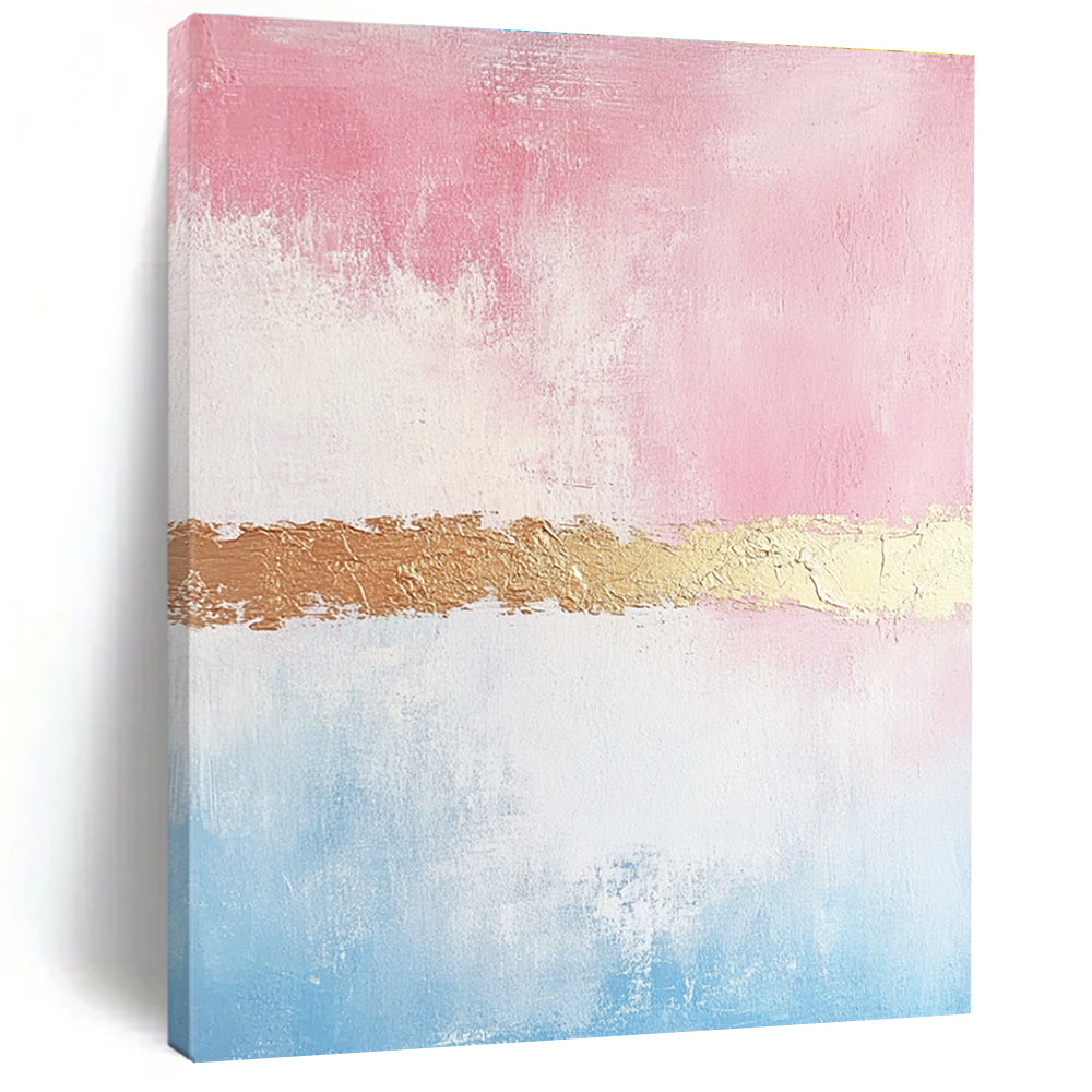 Large abstract painting with soft pink and gold tones textured brushstrokes and a delicate golden line enhancing its minimalist elegance.STSC454