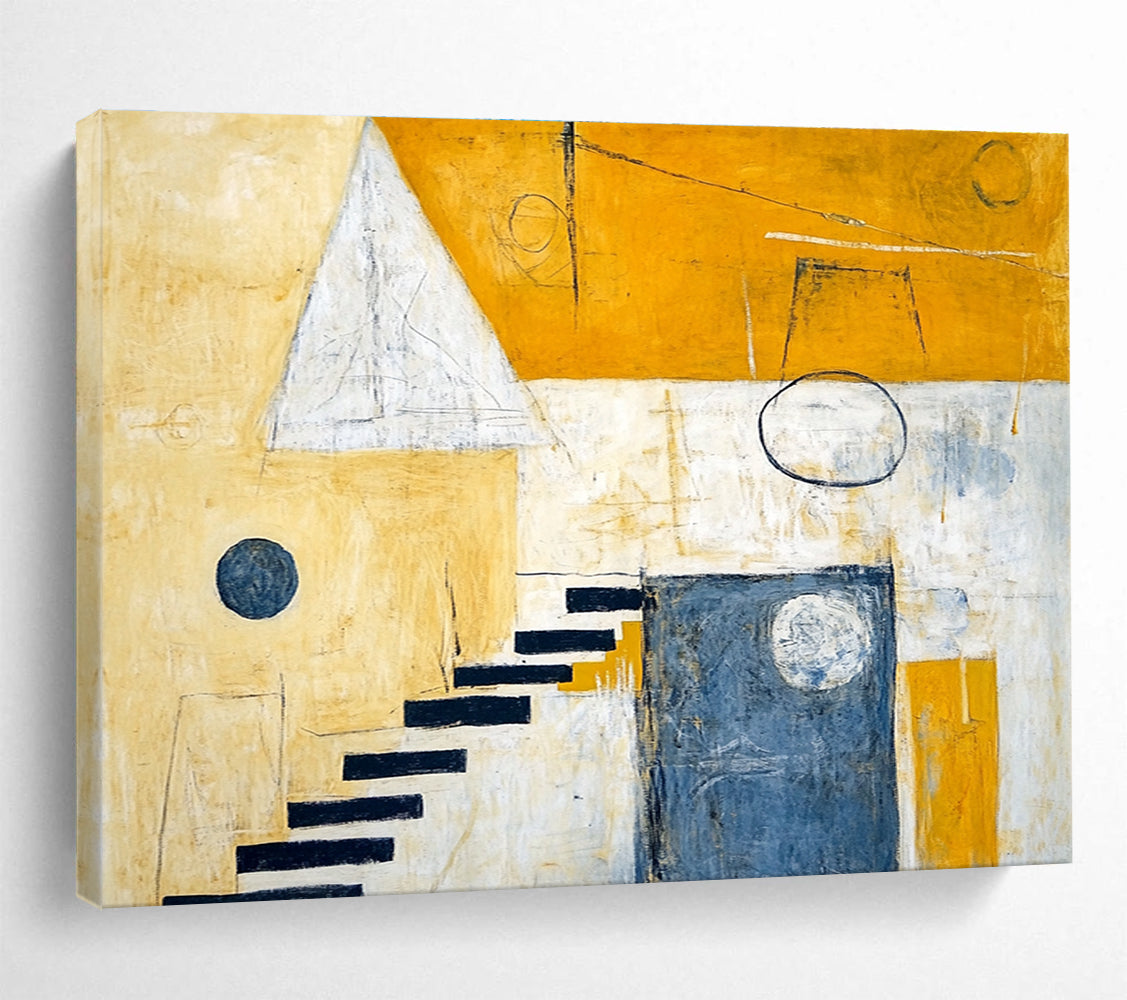 A large abstract painting featuring yellow and white hues, stairs leading to the sky, geometric shapes, and contrasting circles and squares.SC392