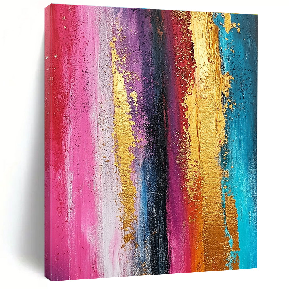 Large abstract painting featuring textured ombre rainbow colors with gold foil accents and a grunge background in vertical stripes.STSC733