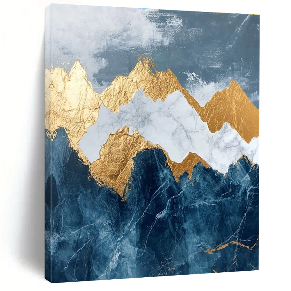 Abstract marble and gold leaf painting of mountains in dark blue and white features intricate details with stunning golden accents.STSC122