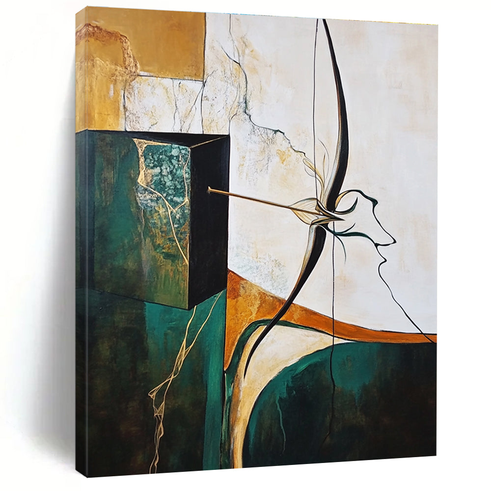 A large abstract painting featuring an archer's bow and arrow with surreal elements in earthy tones and soft pastels, emphasizing depth and texture.STSC637