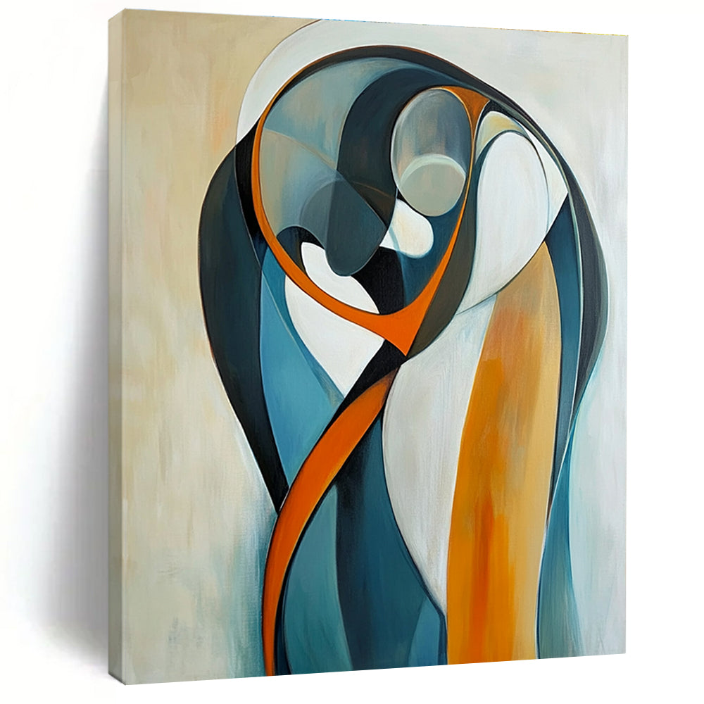 Large abstract painting of two figures embracing in curved lines and bold geometric shapes with a serene gradient background.STSC711
