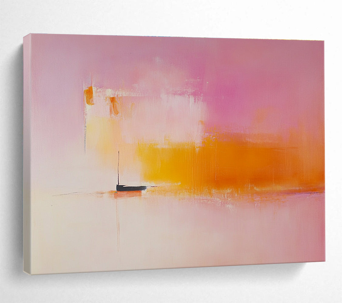 Large abstract painting featuring light pink and orange hues with a small boat on the horizon in a minimalist blurred landscape.SC330