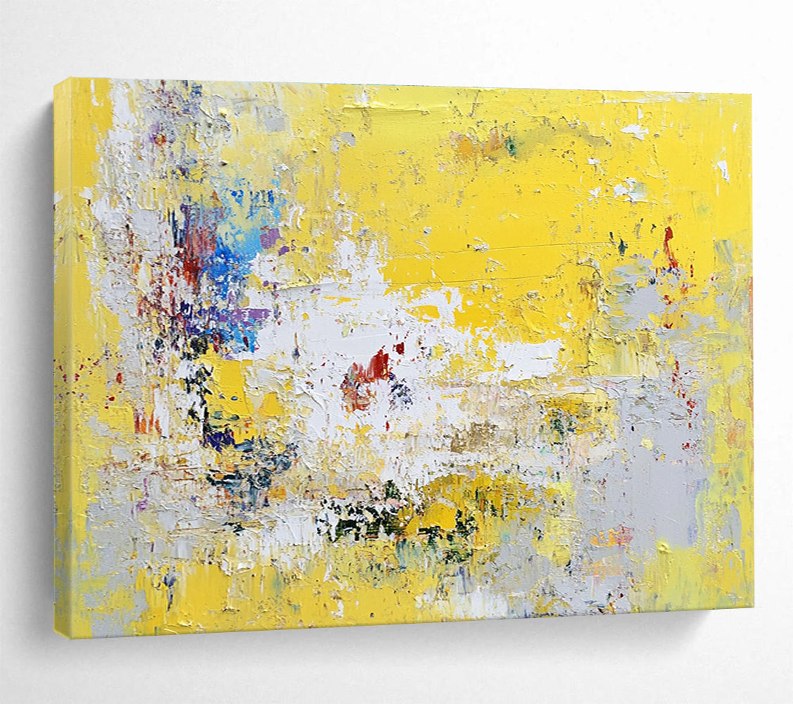 Large abstract painting in yellow and grey with hints of blue green white and red soft textured brushstrokes evoking nostalgia and contemplation.SC370