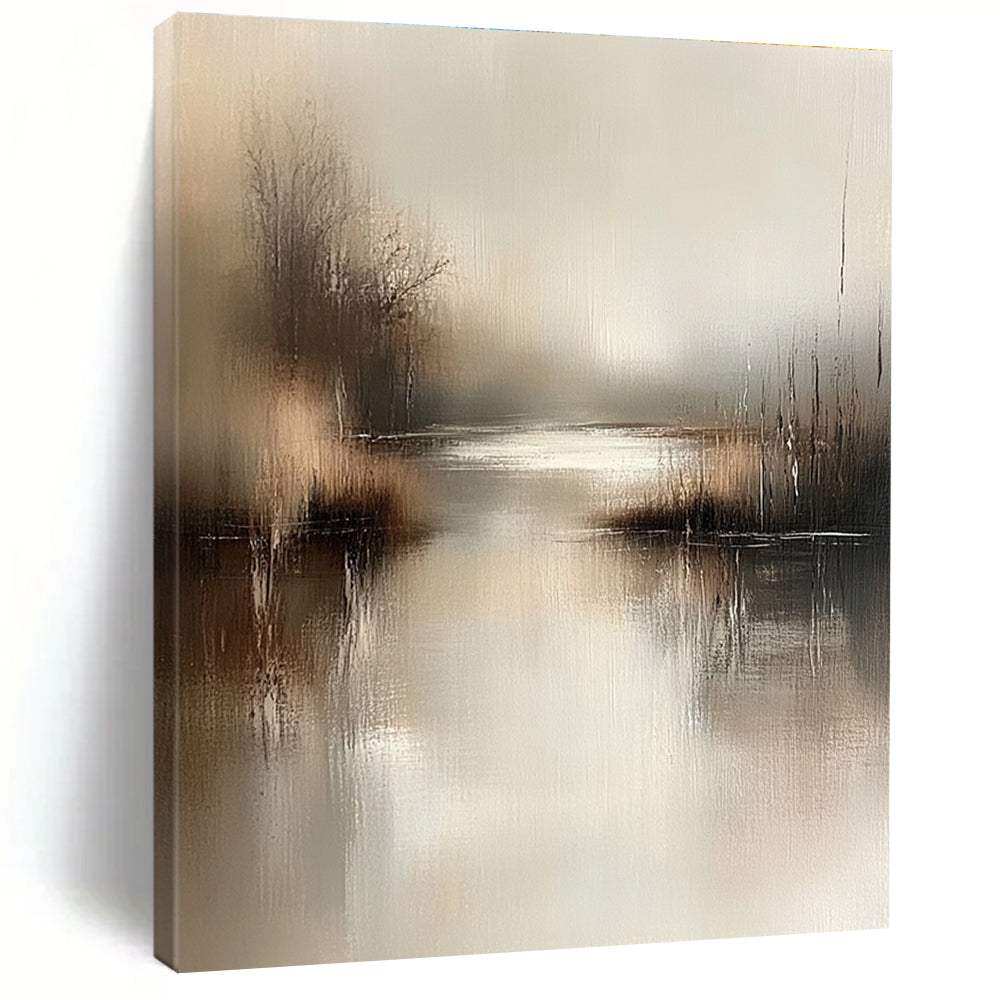 Large abstract painting in muted beige and grey tones captures serene water's edge with gentle brushstrokes evoking tranquility and calmness in any setting.STSC078