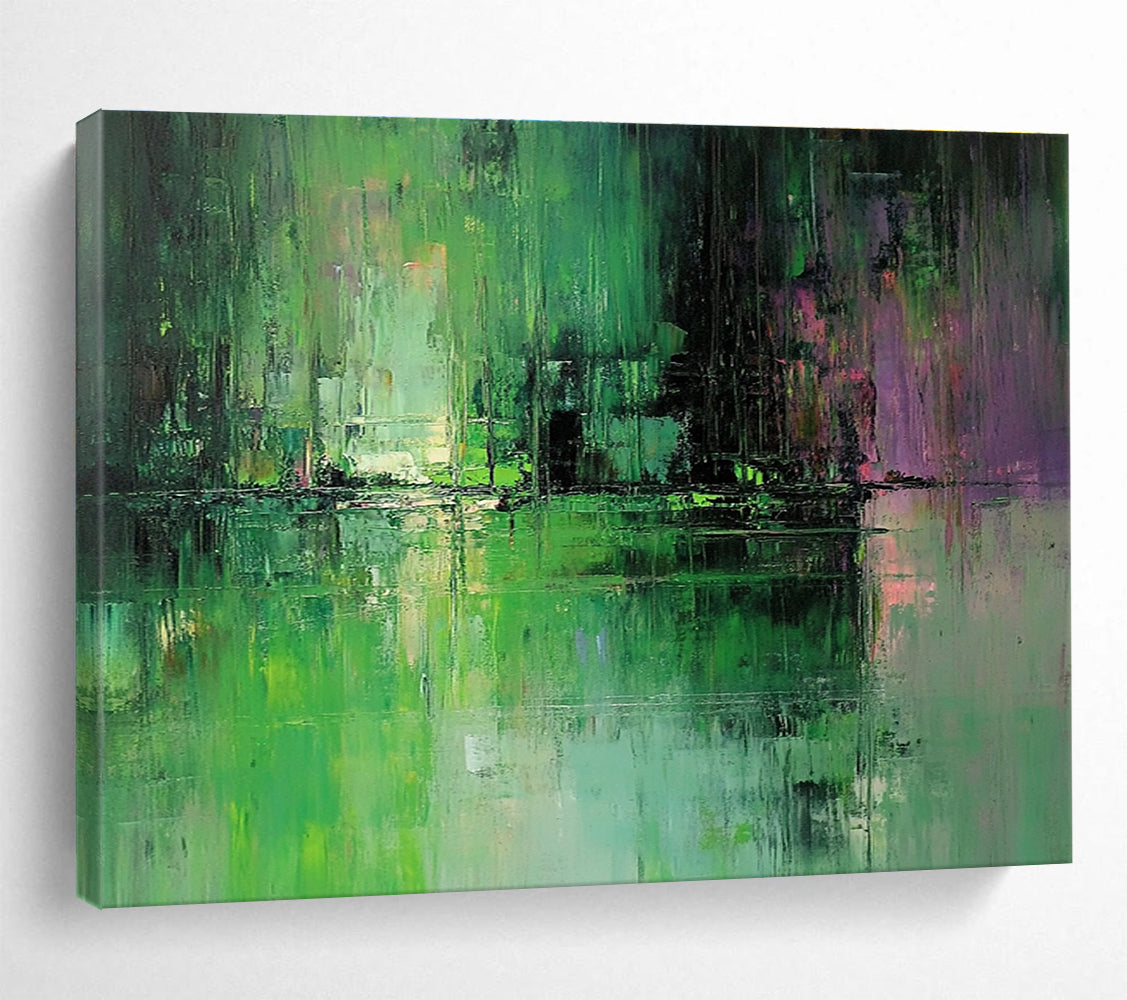 Large abstract oil painting of a green and grey lake with subtle reflections inspired by Jeremy Mann's muted color palette.SC114