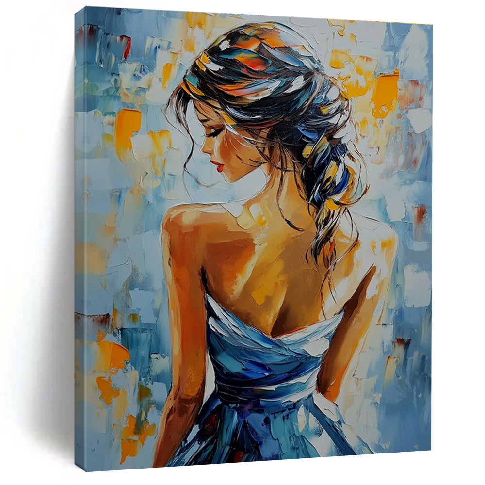 A large abstract painting featuring a woman in an elegant dress with vibrant colors and rich texture, capturing beauty and grace.STSC903